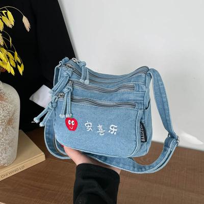 Tikitud teksakott Naiste kerge lukuga crossbody mobiilikott