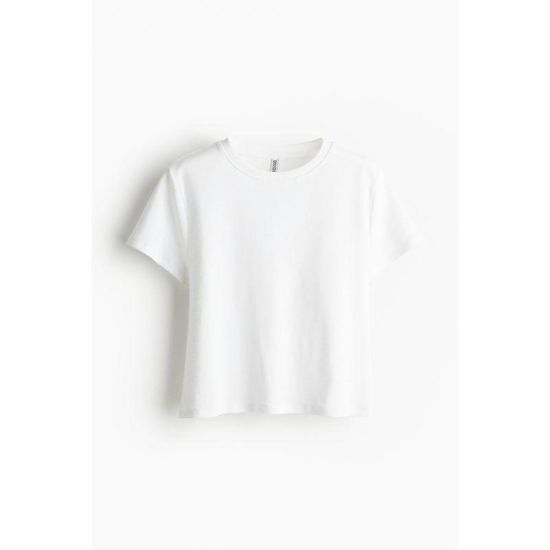 

Женская футболка HM Летняя Мягкий Трикотаж в Рубчик Базовая Прямой Короткий рукав Топ 1212733 White 155/76A