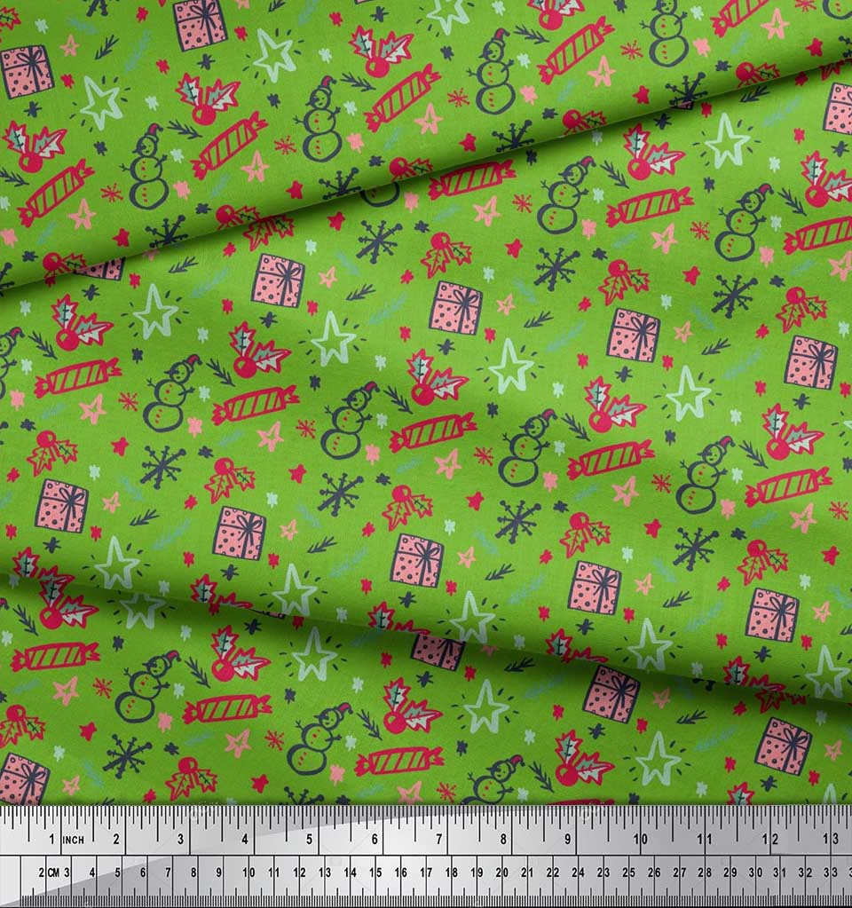 Soimoi White Japan Crepe Satin Fabric Snowman,Candies & Gift Box Christmas Fabric Prints By metre 42 Inch