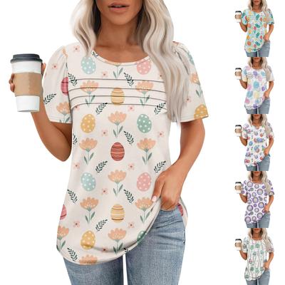 Camisa Feminina Elegante com Estampa, Gola Redonda, Plissada e Manga Curta