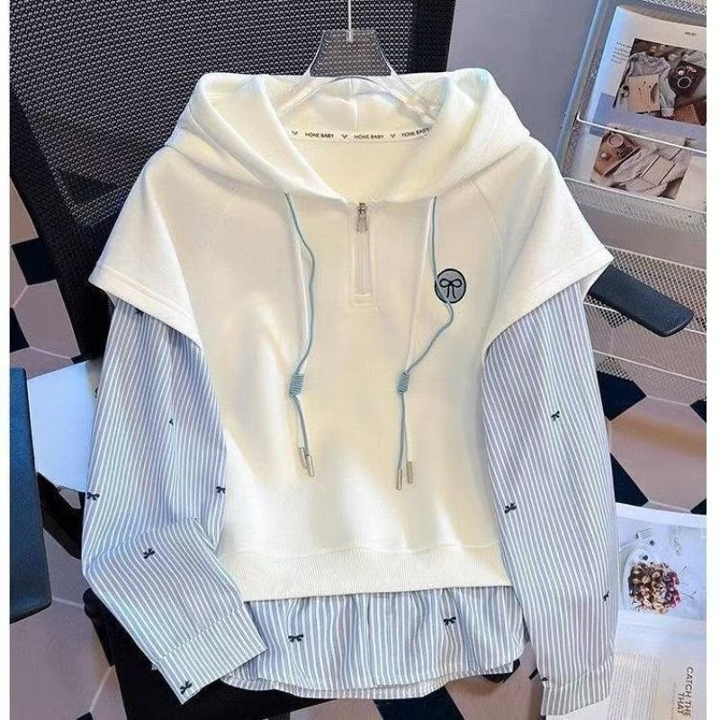 

Женский свитшот с капюшоном, имитирующий два худи, на кулиске, с полосками, частично открытый, осенний, свободного кроя, новый корейский повседневный женский топ XL белый