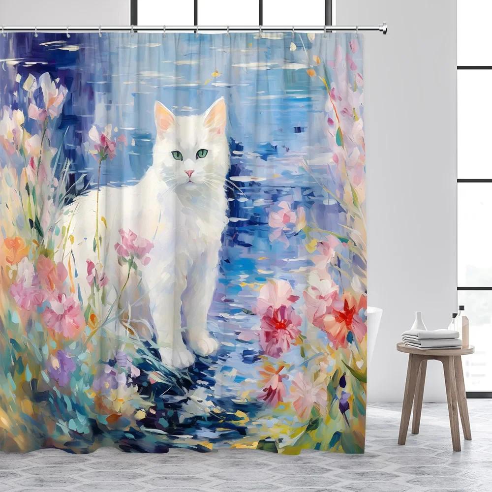 Cute Cats Shower Curtains Vintage Art Floral Plant Pet Garden Scenery Polyester Fabric Bathroom Curtain Decorative With Hooks