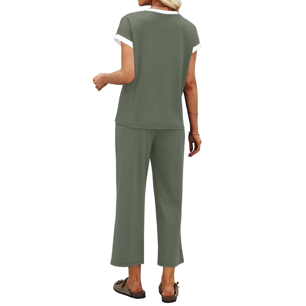 Women Two Piece Set Casual Outfits V Neck Short Sleeve Top Elastic Waist Pants Lounge Wear Set for Travel Relaxed Fit
