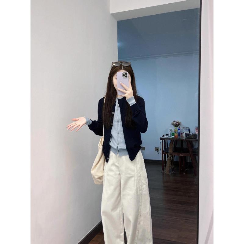 Fake two-piece layered loose top women's autumn new contrasting color splicing knitted cardigan college style sweater jacket