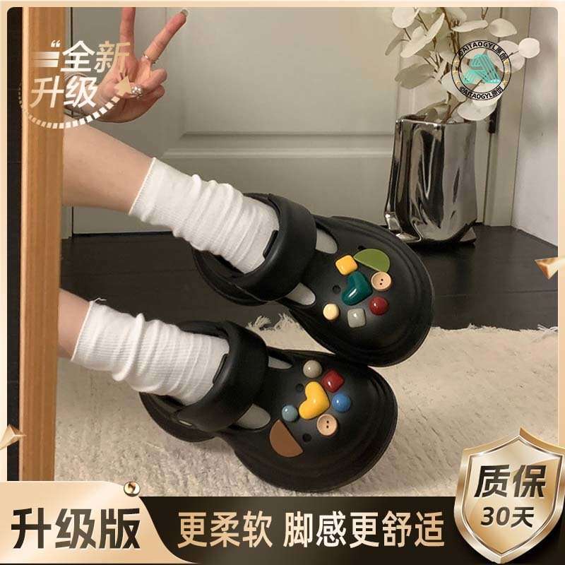 Sweet Bow Platform Hole Shoes Women's Spring and Summer 2025 New Outer Wear Heightening Rhinestone Bag Head Half Slippers