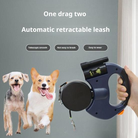 2-teilige doppelte einziehbare Hundeleine für kleine Hunde, 360-Grad-Hundelauflaufgürtel ohne Verwicklungen, mit LED-Licht und Kotbeuteln zum Laufen, Wandern und Training