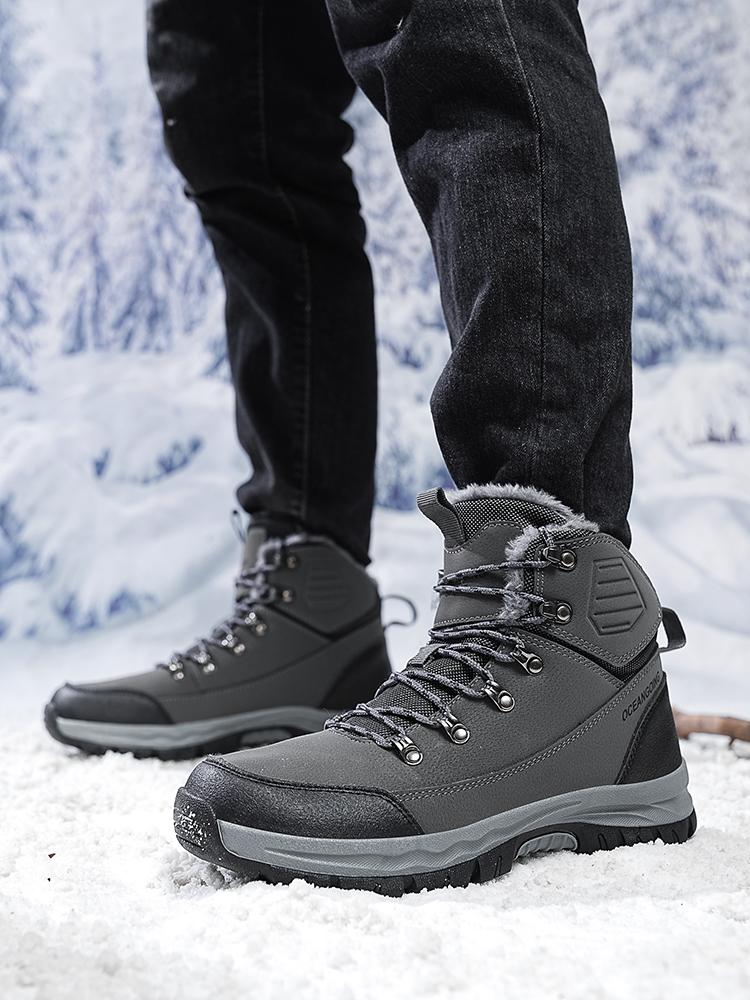 Fashion Winter Men Boots Plush Warm Snow Boots Leather Waterproof Sneakers Climbing Hunting Shoes Lace-up Outdoor Warm Hiking Boots Men