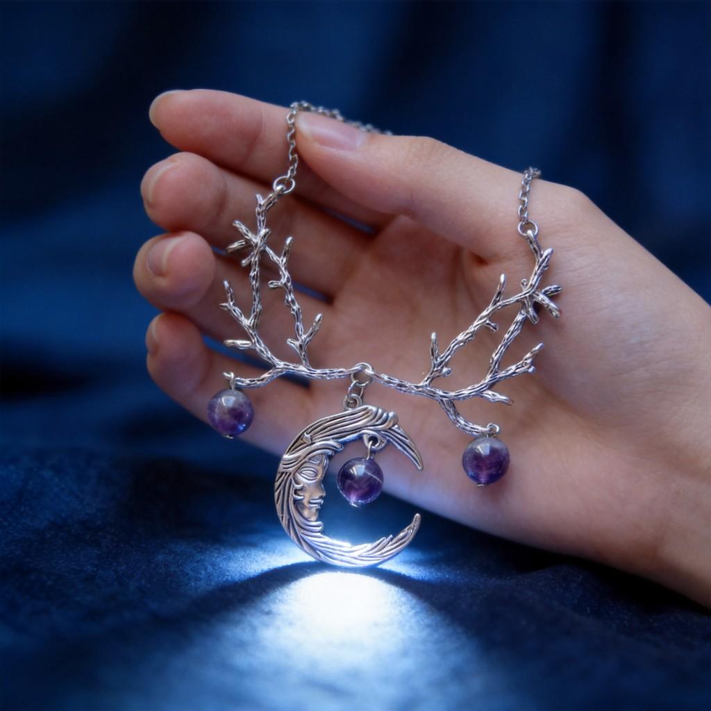 Gothic Purple Crystal Moon Pendant Necklace For Women And Men Fashion Jewelry