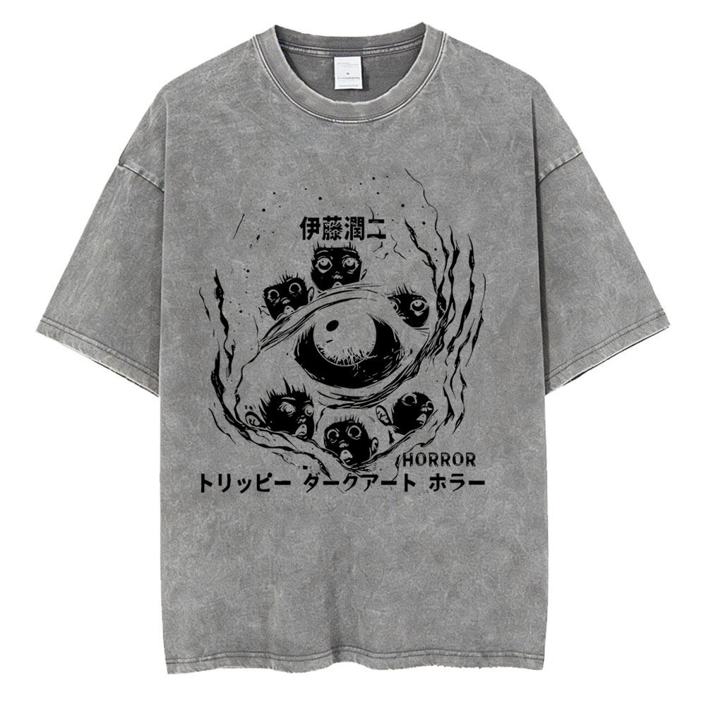 Unisex Washed Vintage Horror Anime Junji Ito Uzumaki Graphic T-shirt Men Women Manga Retro Oversized T Shirt Y2k Casual Cotton T-shirts