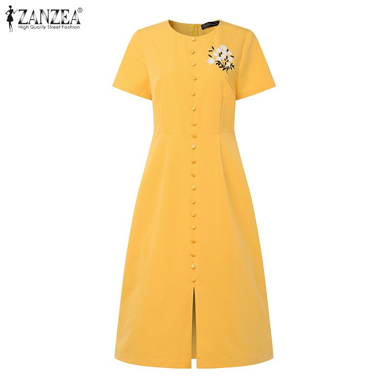 ZANZEA Women Casual Round Neck Short Sleeve Summer Embroidery Dress