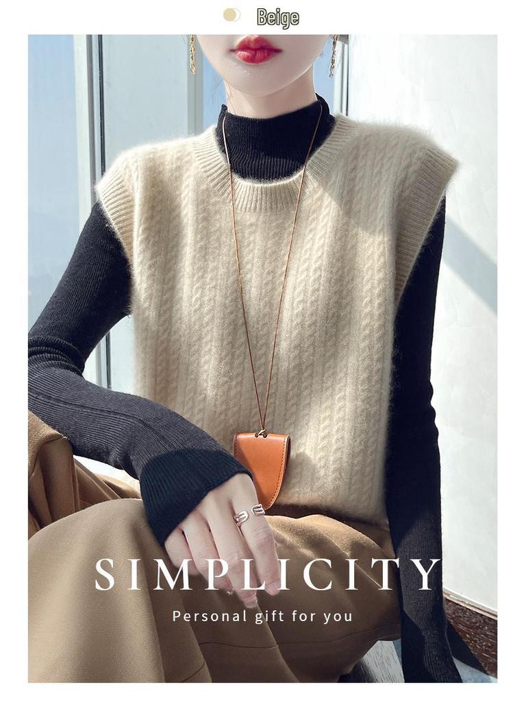 Dámská zesílená vlněná pletená vesta s copánkovým vzorem - Bez rukávů, pulovr s kulatým výstřihem na podzim/zimu