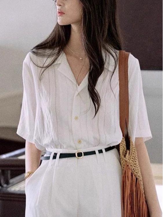 

Women s Retro Cuban Collar Short Sleeve Top Small белый