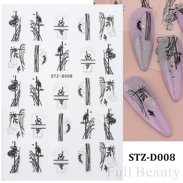 Lily Flower Geometric 3D Nail Stickers Maple Leaves Lines Nail Art Adhesive Sliders Red Berries Decals Decoration PPSTZ-SJ027
