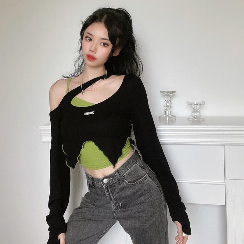 Y2k Vintage T-shirt Grunge Tie Dye Crop Tops 2-piece Women Casual Camis T-shirt Streetwear Long Sleeve Lace Up Tee Top