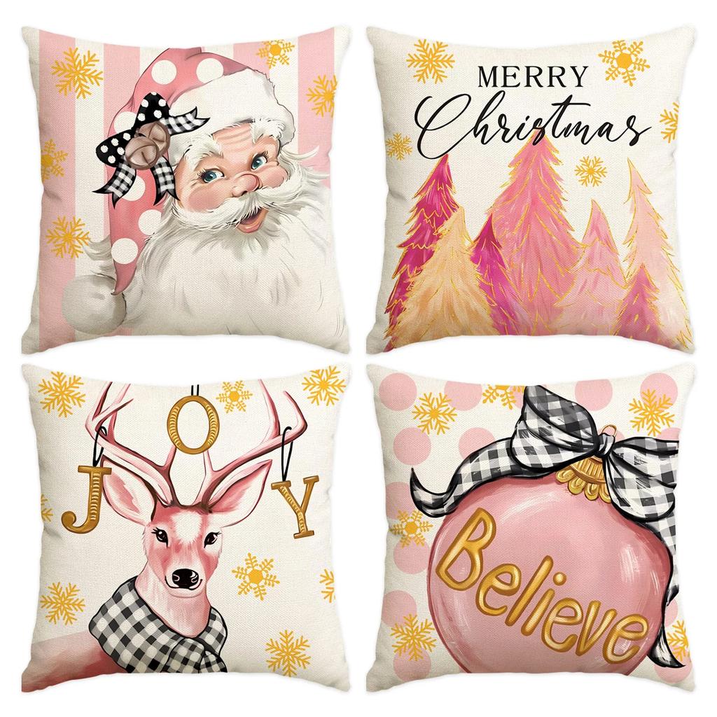 4pcs Merry Christmas Pillow Cover, Christmas Tree Reindeer Santa Claus Living Room Sofa Decoration Cushion Cover