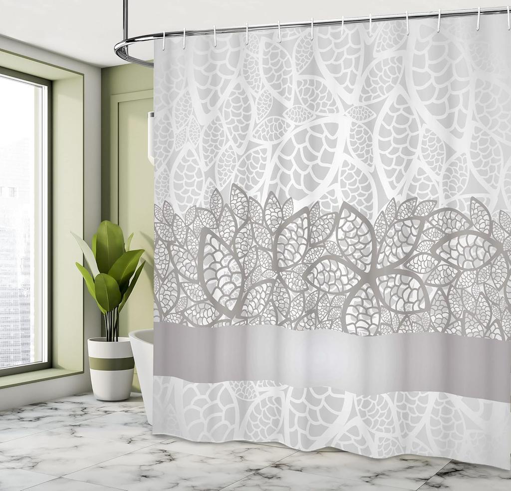 Grey Shower Curtain, Lace Inspired Flower Motifs Bridal Composition Leaves Wedding Theme, Cloth Fabric Bathroom Decor
