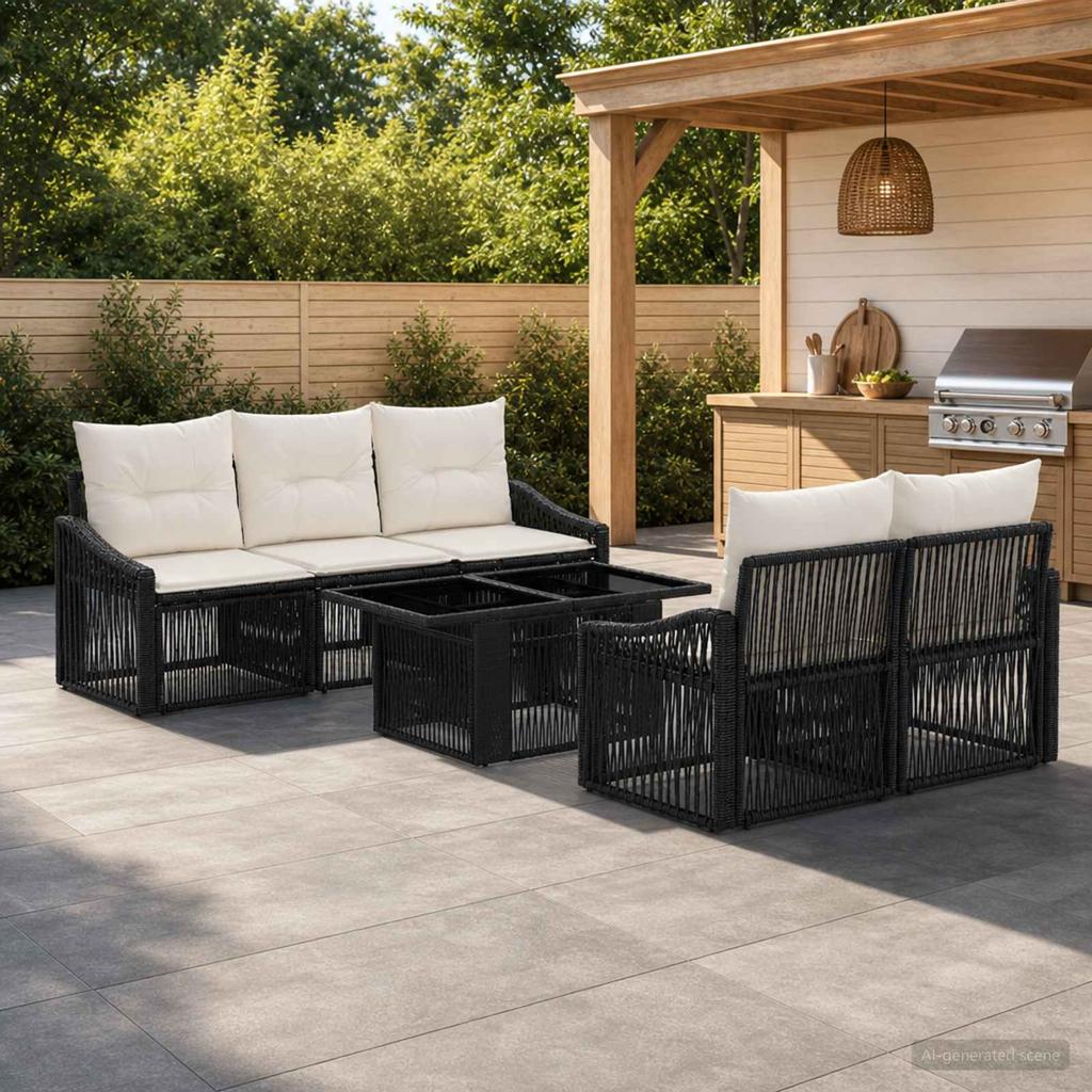 Garden Sofa Set 6 pcs Black and Cream White Poly Rattan