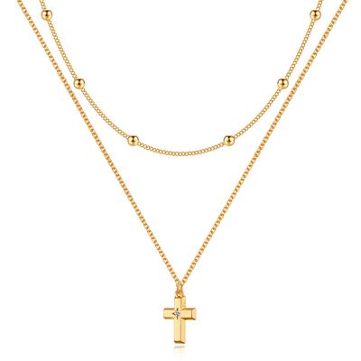 Women Double Cross Necklace 18K Necklace Gold Plated Zircon Necklace Round Bead Necklace