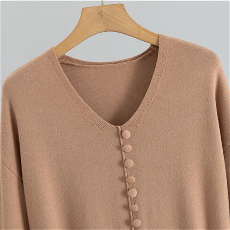 Autumn And Winter Women's V-Neck Base Knitted Long Dress  Loose Plus Size Solid Color Women's Dress