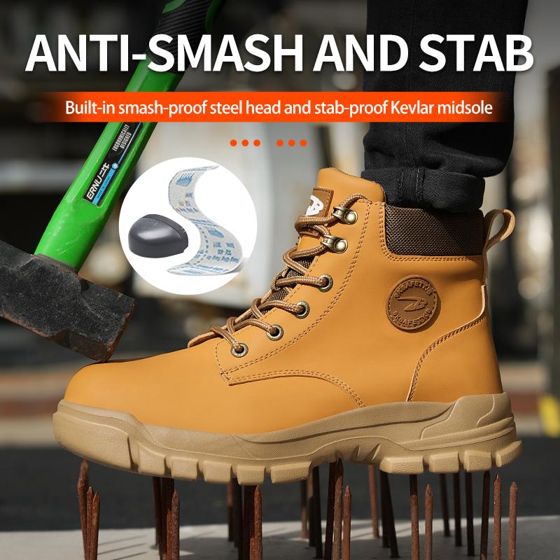 Fashion Mens Steel Toe Safety Boots Waterproof Leather Work Shoes Protective Work Boots High Top Safety Shoes Man Labor Protection Shoes