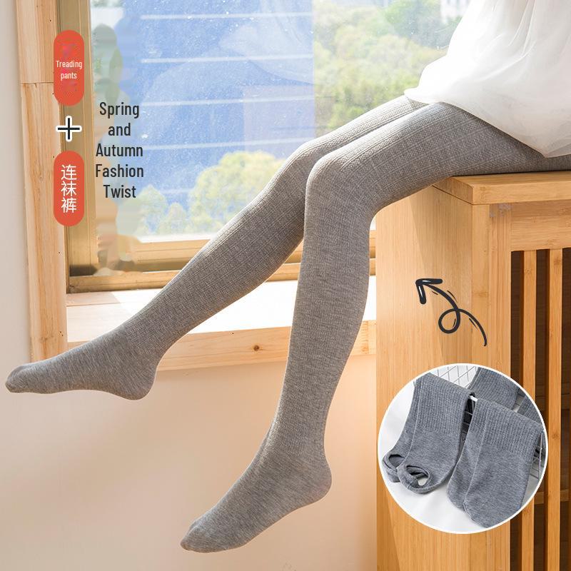 Girls' Spring & Autumn Solid Color Twisted Leggings with Step-on Cotton Dance Socks