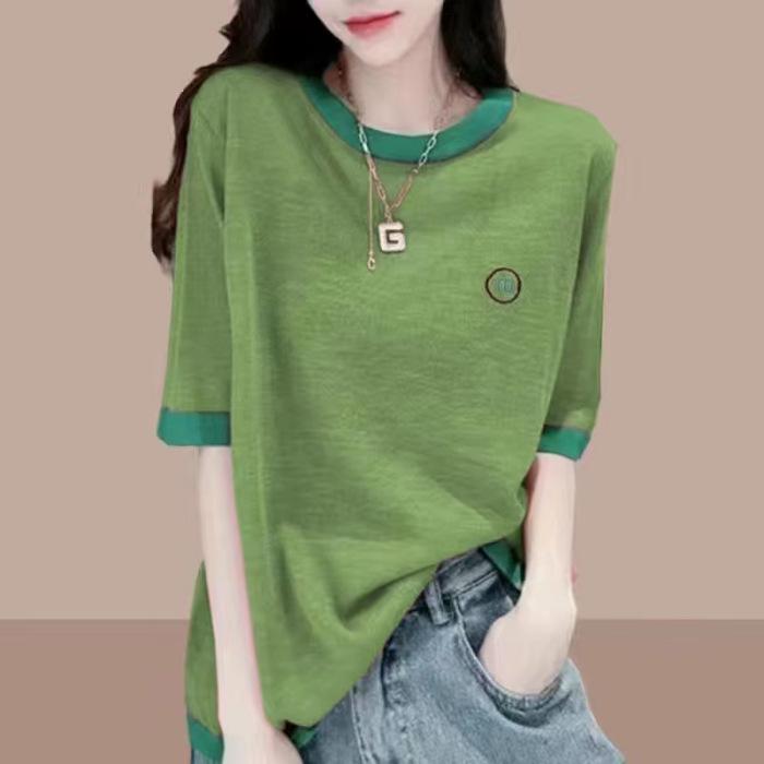 Women's Korean Style Color Block Patchwork Slimming Short Sleeve T-shirt