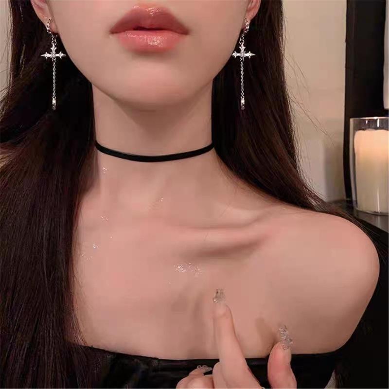 Fashionable Fringe Ear Rings Zircon Cross Tassels Earrings for Women Girls Commuting Temperament Earring Party Jewelry