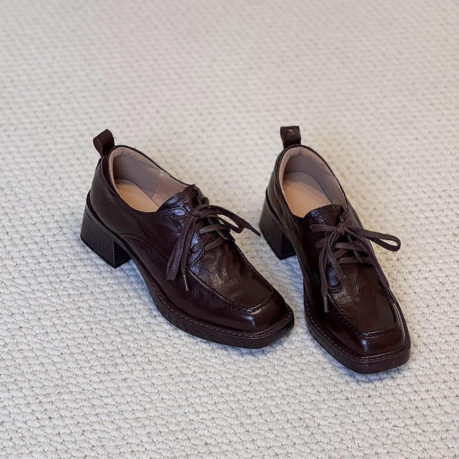 Women's shoes French retro deep cut round toe thick heel British small leather shoes lace up commuting single shoes