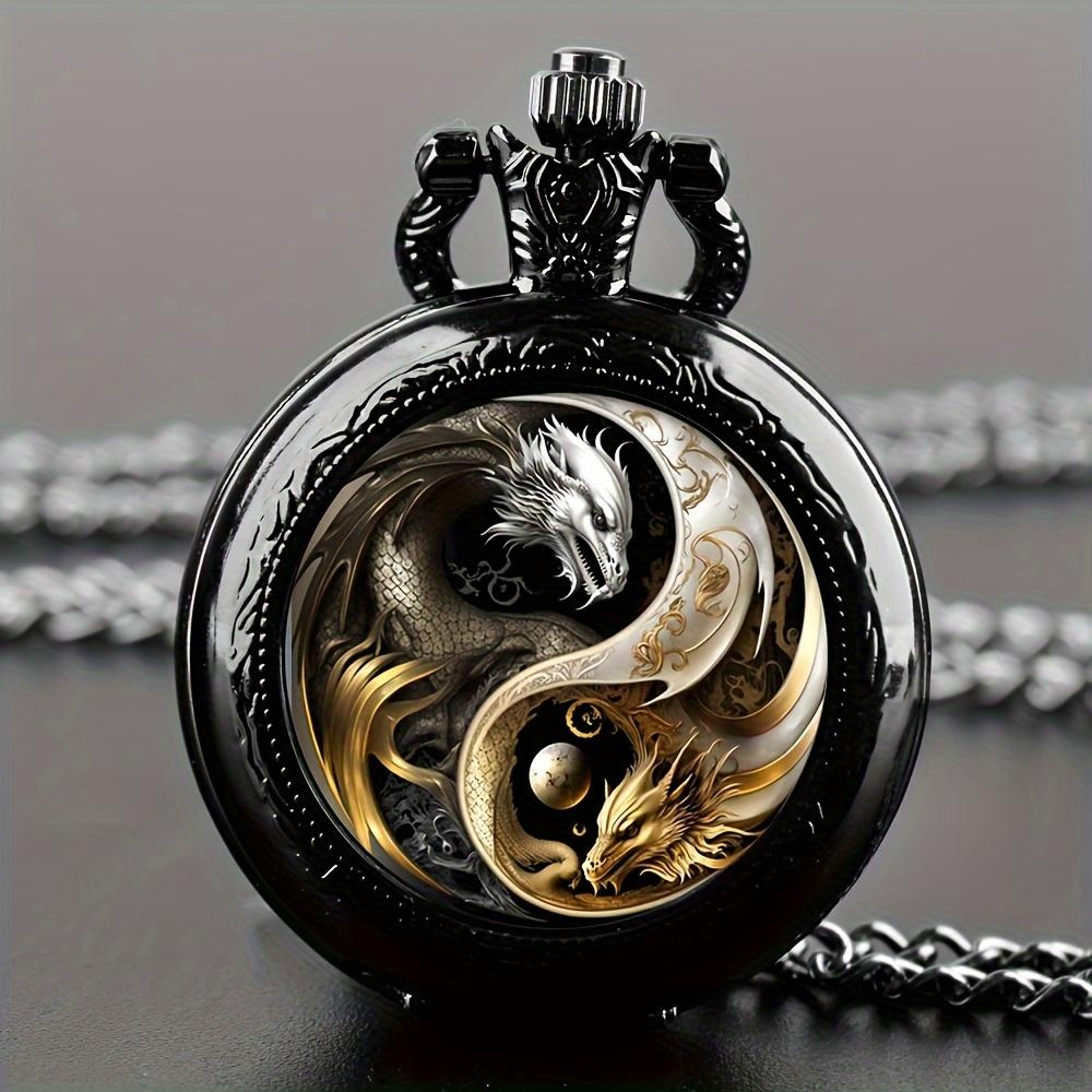 Retro Golden And Silvery Double Dragon Quartz Pocket Watch чёрный