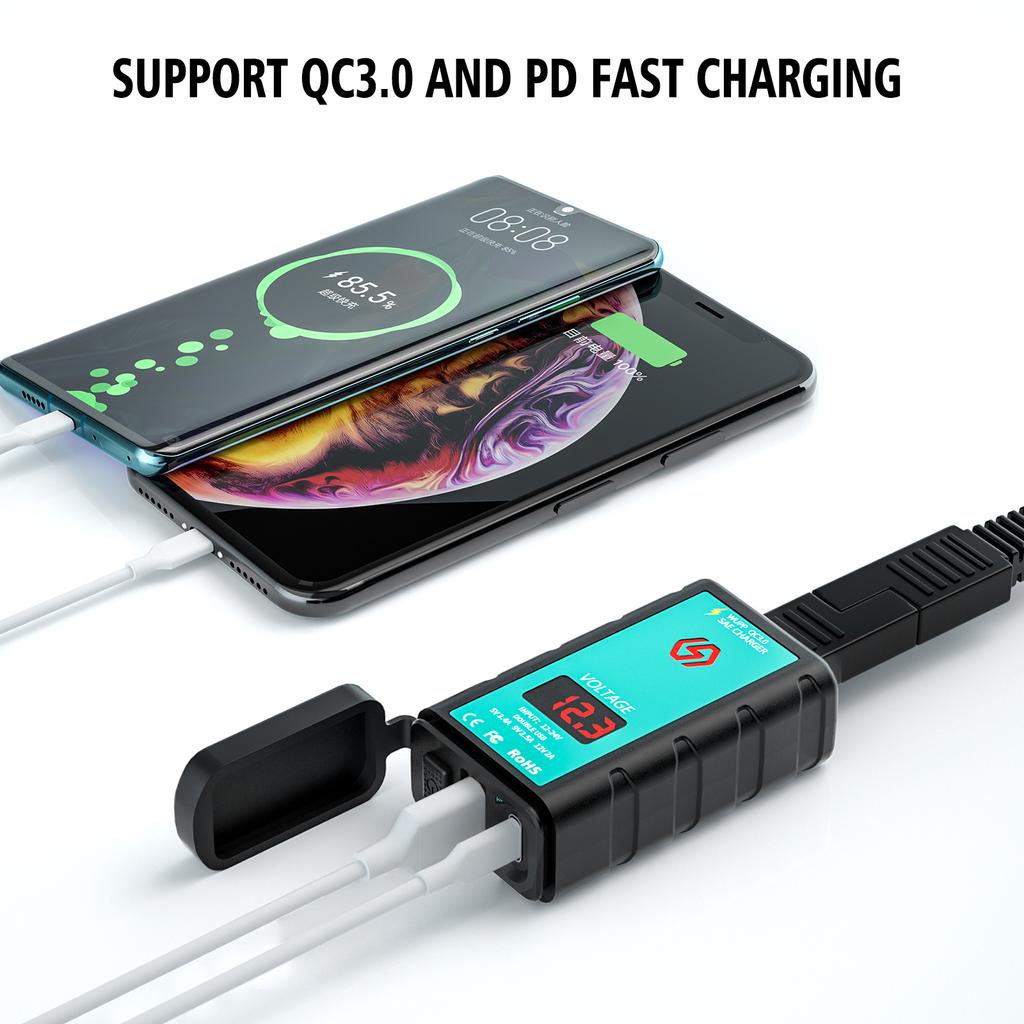 Motorcycle Square Fast Charging Dual USB Charger with Voltmeter Integrated SAE Socket