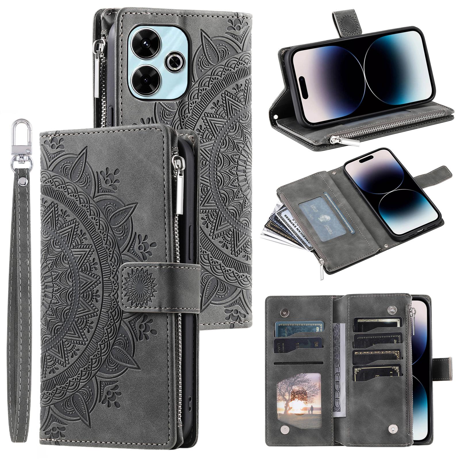 

Стиль 006 Чехол-кошелек для Xiaomi Redmi 13 5G/4G из искусственной кожи с рисунком цветка мандалы Grey