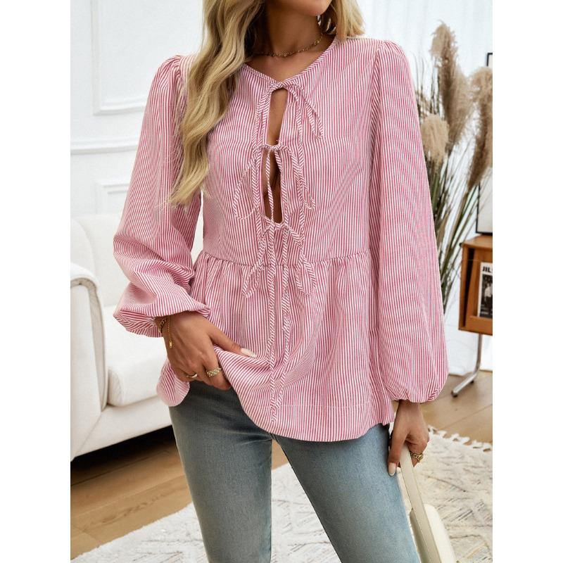 Damen Herbst und Winter Tops Lässig Locker Gestreiftes Hemd Mit Laternenärmeln