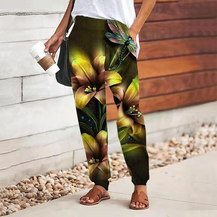 Damen Hose mit Blumendruck zum Schnüren Elastischer Bund Weite Hose Lässige Lange Hose Hose mit Taschen