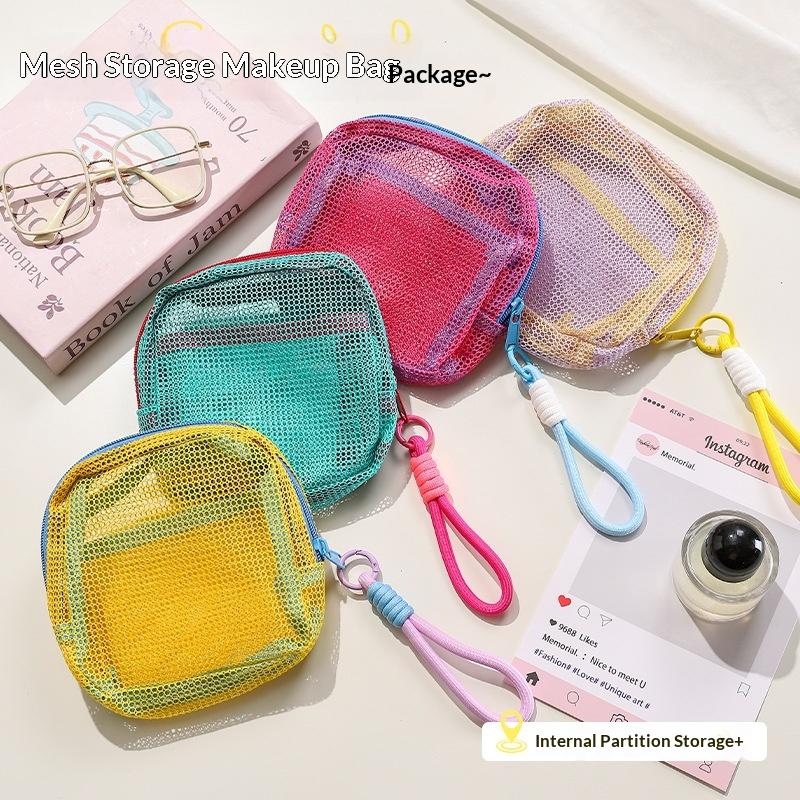 Candy Color Square Mesh Cosmetic Organization Storage Bag With Zipper Portable Sundries Pouch For Travel With Rope 1Pc