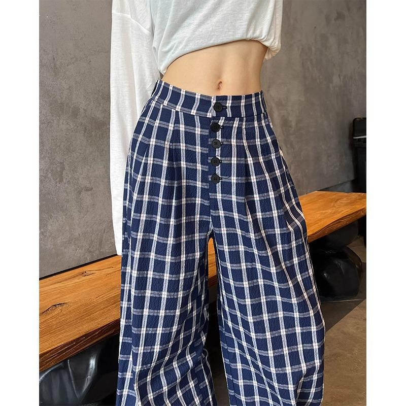 Women's Retro Plaid Double-Breasted Straight-Leg Wide-Leg Pants - Zhao Lusi Style, Spring & Autumn Collection In Blue.
