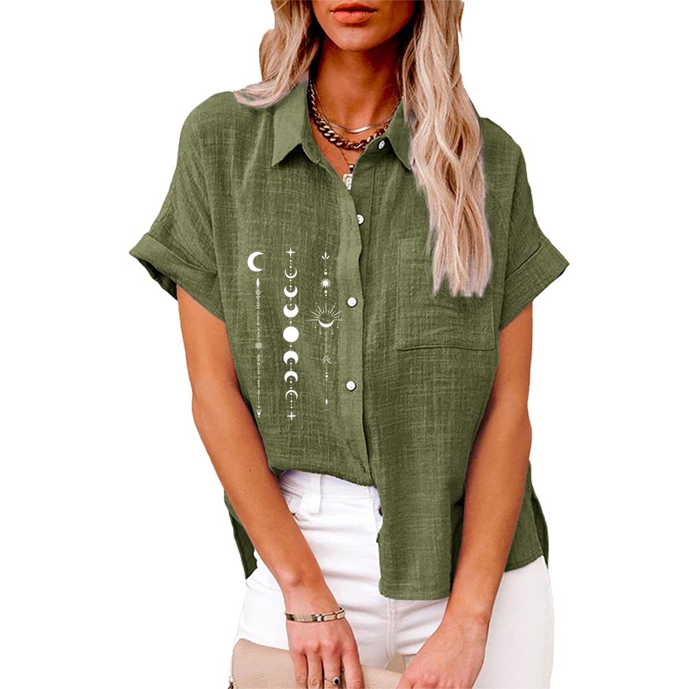 Plus Size Women Fashion Lapel Neck Print T-shirt Summer&autumn Casual Linen Top Ladies Buttoned Shrit Loose Short Sleeved Blouse