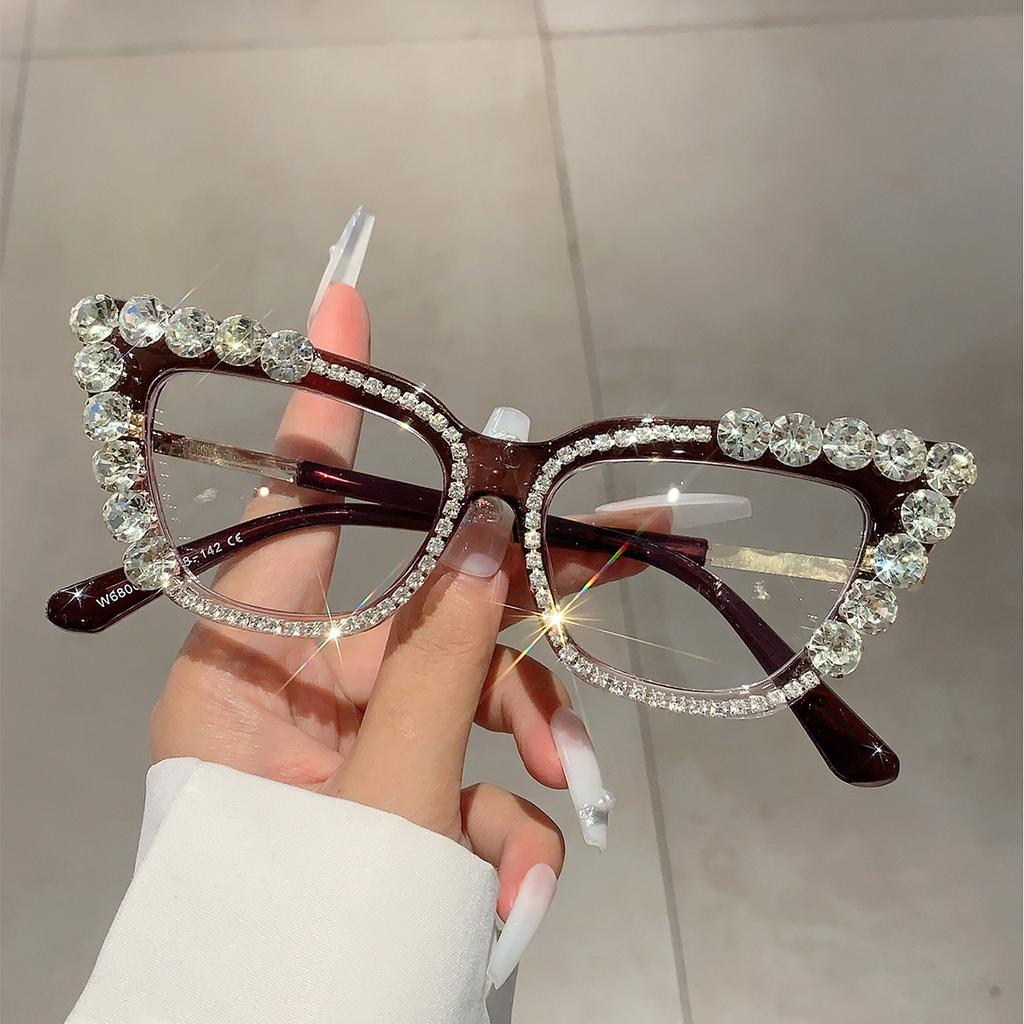 KAMMPT Cat Eye Women Eyeglasses with Rhinestones Stylish Vintage Blue Light Blocking Eyewear Trendy Original Candy Color Glasses