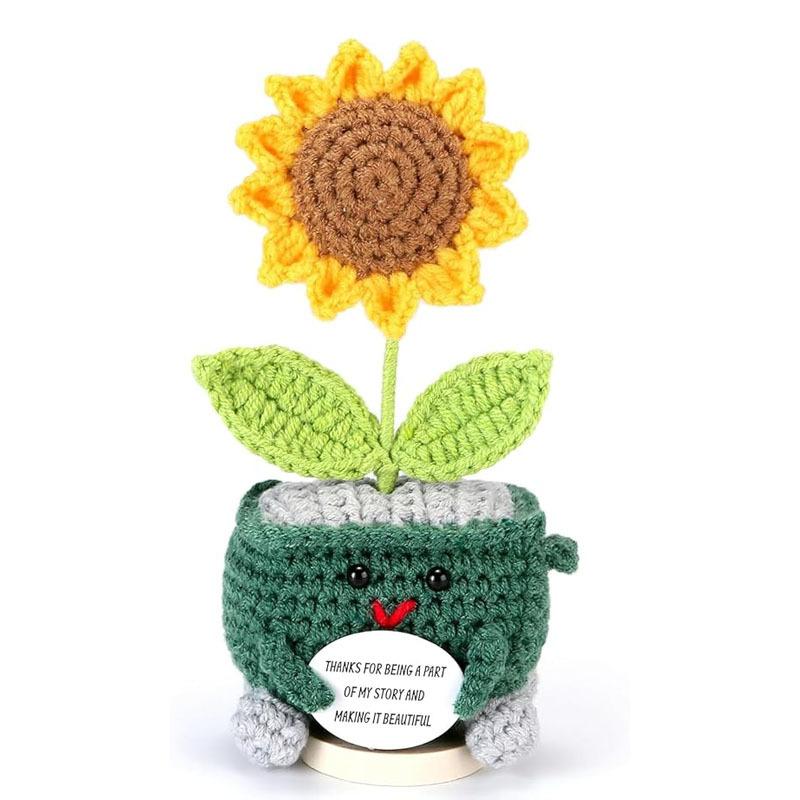Funny Positive Crochet Cat Flower Doll Desktop Ornament Handmade Cheer Emotional Support Positive Cat With Card Home Party Decor