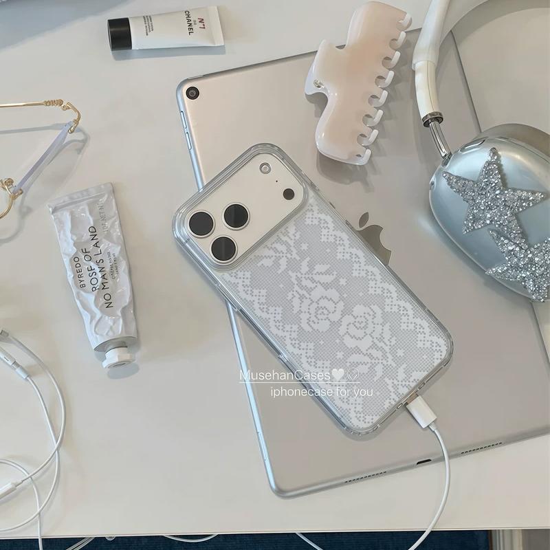 Korean Ins Ancient Art Retro Lace Rose Exquisite Phone Case For IPhone 17 16 15 14 13 12 11 Pro XR XS X Max 8 7 Plus MINI Cover