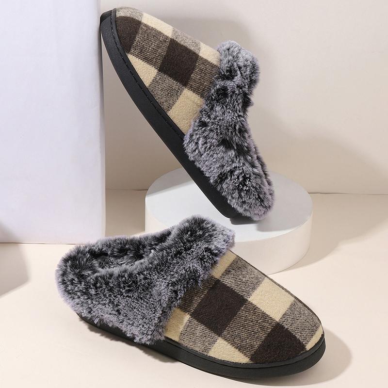 Fashion Retro Plaid Plush Slippers for Women Soft Faux Fur House Cotton Slippers Woman Winter Slip On Non Slip Furry Slides Female