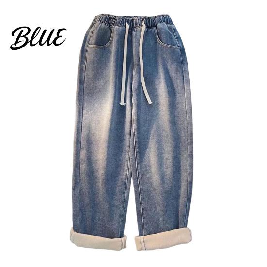 Solid Color Jeans Pants Loose Waist Adjustable Mid-rise Elastic Women Winter Drawstring Sport Fit