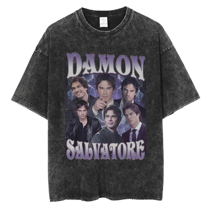 Damon Salvatore Grafica Vintage Lavata Maglietta Uomo Donna Abbigliamento Moda Harajuku T-Shirt Larga Oversize Manica Corta Magliette