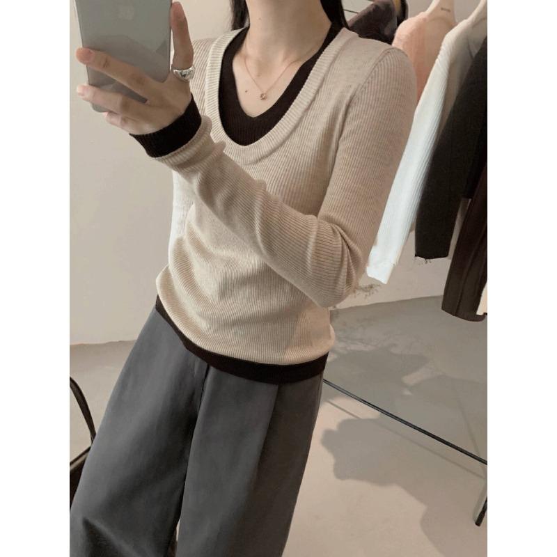 Trendy Retro Fake Two-piece Knitted Sweater Women's Autumn and Winter Collar Sexy Contrasting Color Inner Bottoming Shirt Top