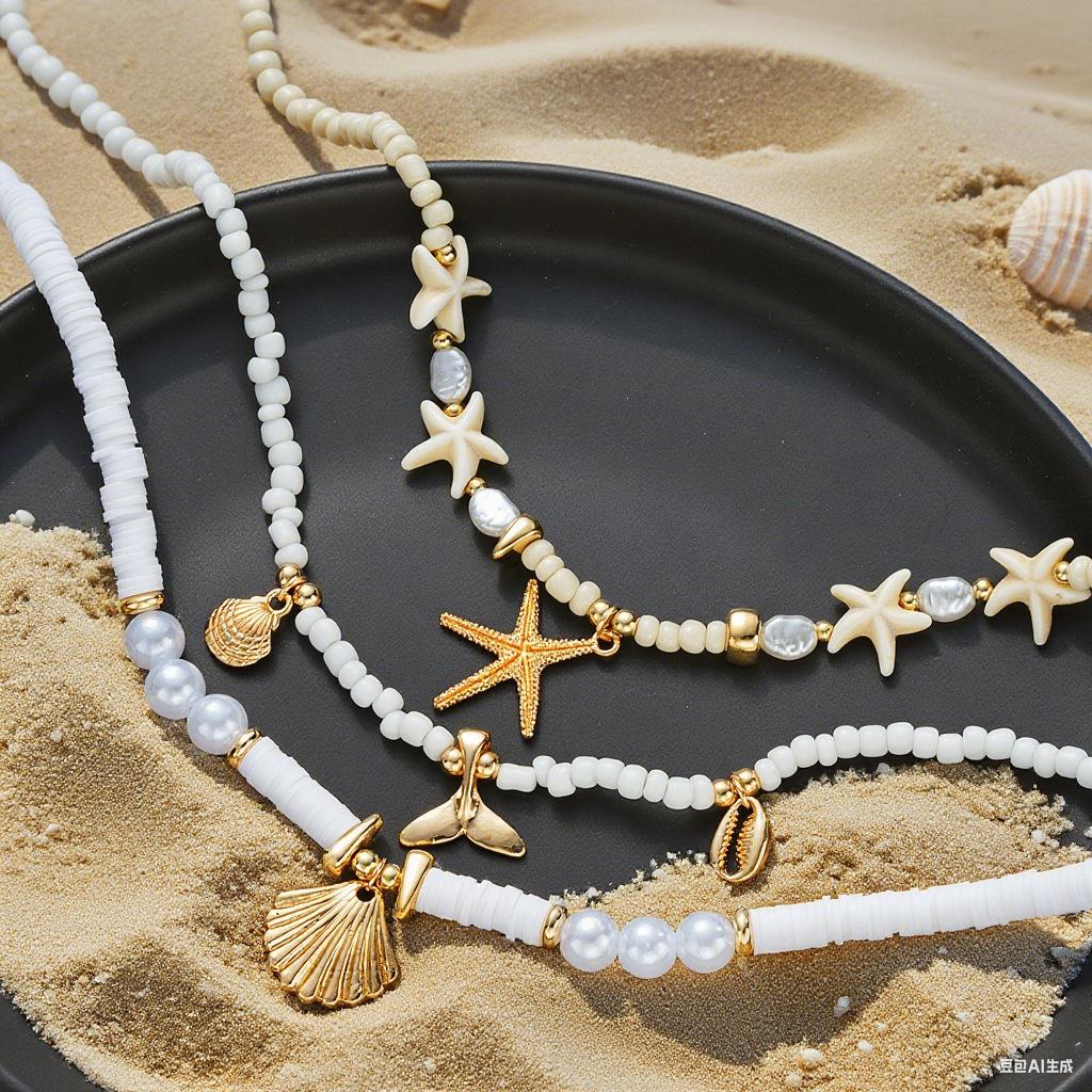 Hot-selling summer beach wind starfish shell pearl necklace set three-piece fashion versatile trend accessories