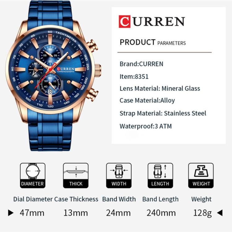 CURREN Ceas cu curea din oțel Calendar simplu, cadran mare, ceas de afaceri, rezistent la apă, moda bărbaților