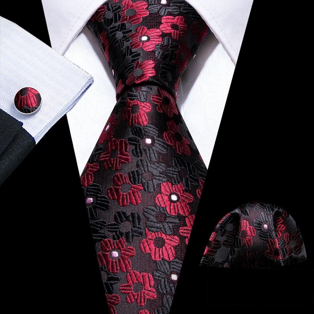 Barry.Wang Floral Ties for Men Woven Paisley Wedding Necktie Handkerchief Cufflinks Formal Casual Set
