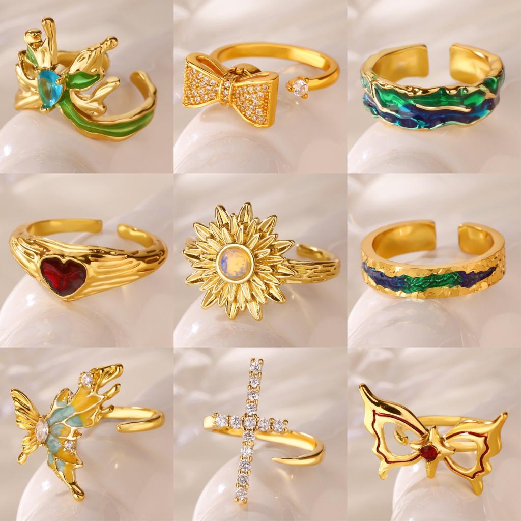 Personality Light Luxury High Sense Ice Blue Oil Drop Butterfly Open Ring Female Irregular Temperament Texture Index Finger Ring