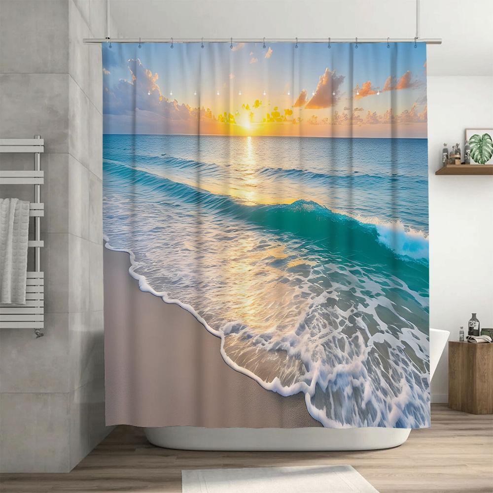Bella Tenda da Doccia Stampata con Spiaggia al Tramonto Impermeabile Decorazione Bagno Miglioramento Casa Tessuto Impermeabile Tende da Bagno Morbida Pl