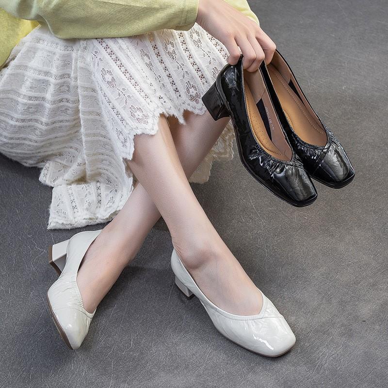 Johnature Square Toe Office Lady Pumps Genuine Leather Fashion Thick Heeled Slip-on Women's Shoes