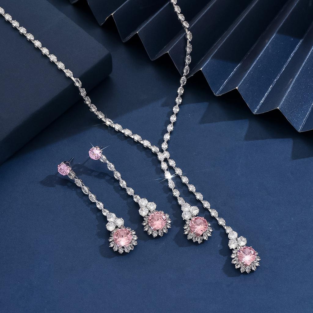 3PC Women's Fashion Zircon Series Pink Flower Necklace Earrings Zircon Set Suitable for Wedding, Party, Festival Gifts-8582